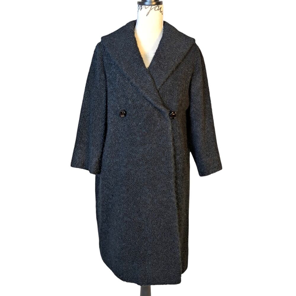 Vintage 1960s Black Bouclé Swing Coat Leopard Lining Mod Glam
